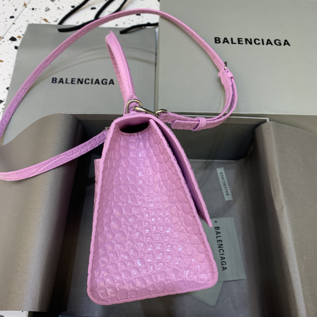 Balenciaga Hourglass Small Handbag Crocodile Embossed Shoulder Bag Pink Purple